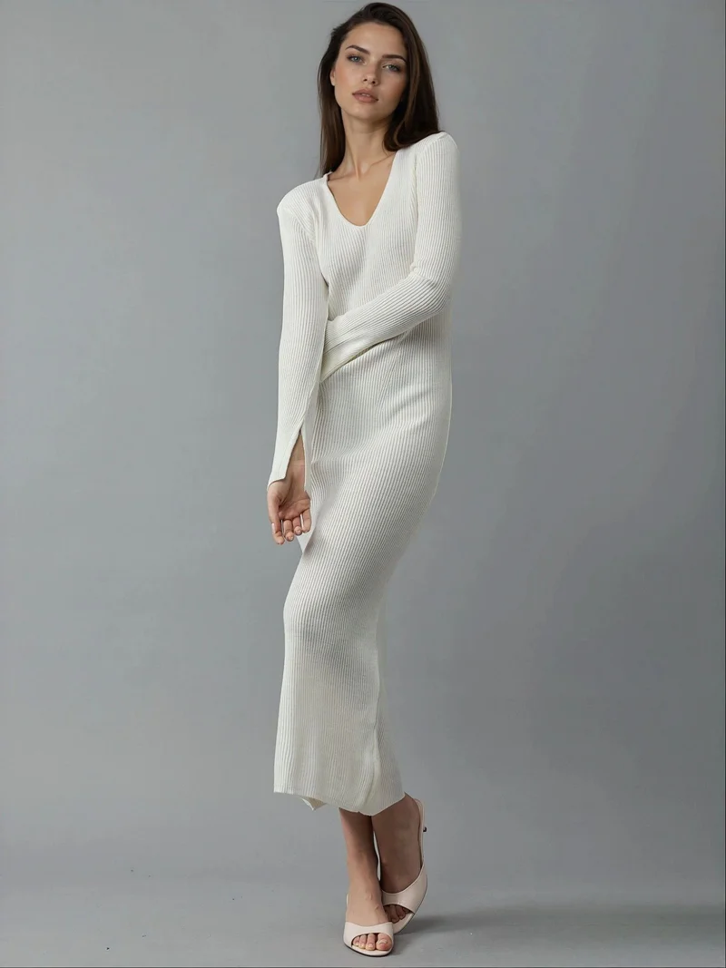 MY FASHION V-Neck Textured Maxi Knit Dress with Slit